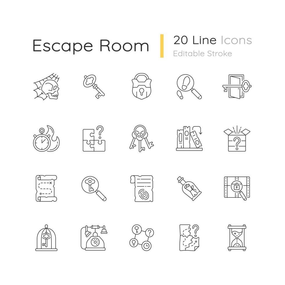 Conjunto de iconos lineales de sala de escape. desafío para las habilidades lógicas. resolución de acertijos, pistas para acertijos. búsqueda de misterio. ilustraciones vectoriales aisladas. resolución de rompecabezas colección de dibujos de líneas rellenas simples vector