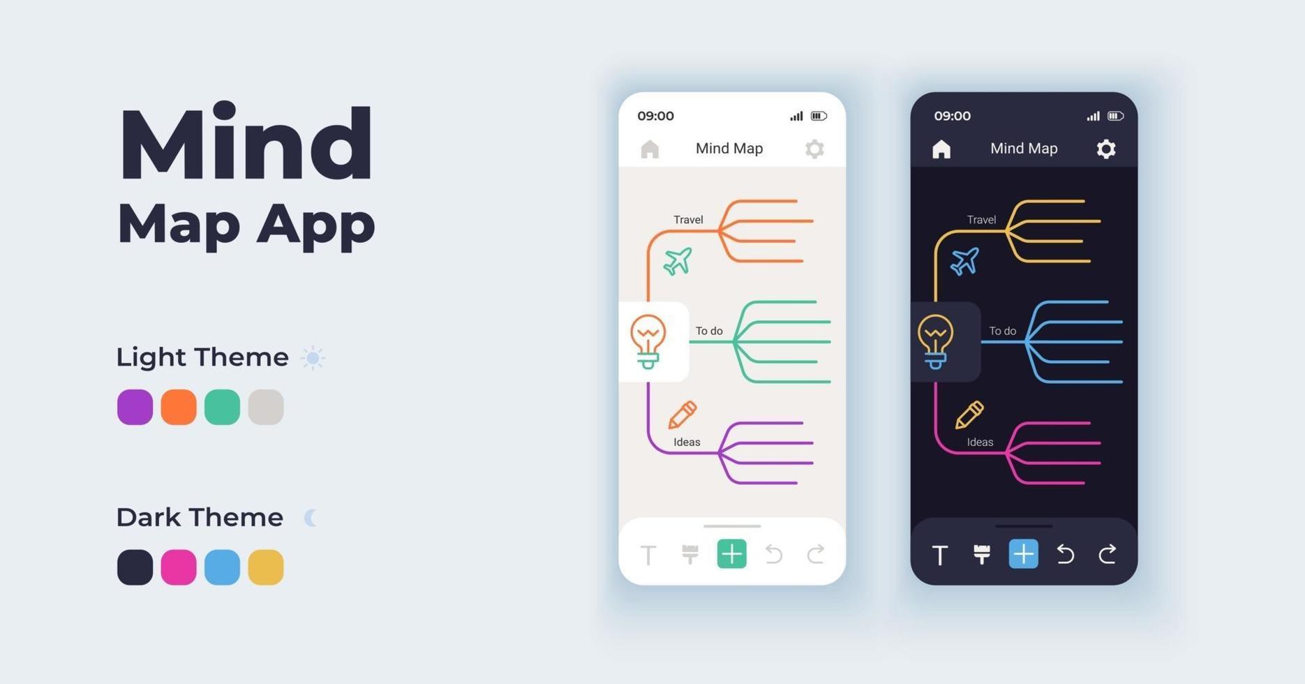 conjunto de plantillas vectoriales de interfaz de teléfono inteligente de dibujos animados de herramienta de lluvia de ideas. mapa mental. página de pantalla de la aplicación móvil diseño de modo nocturno y diurno. interfaz de usuario de presentación de información visual para la aplicación. pantalla del teléfono vector