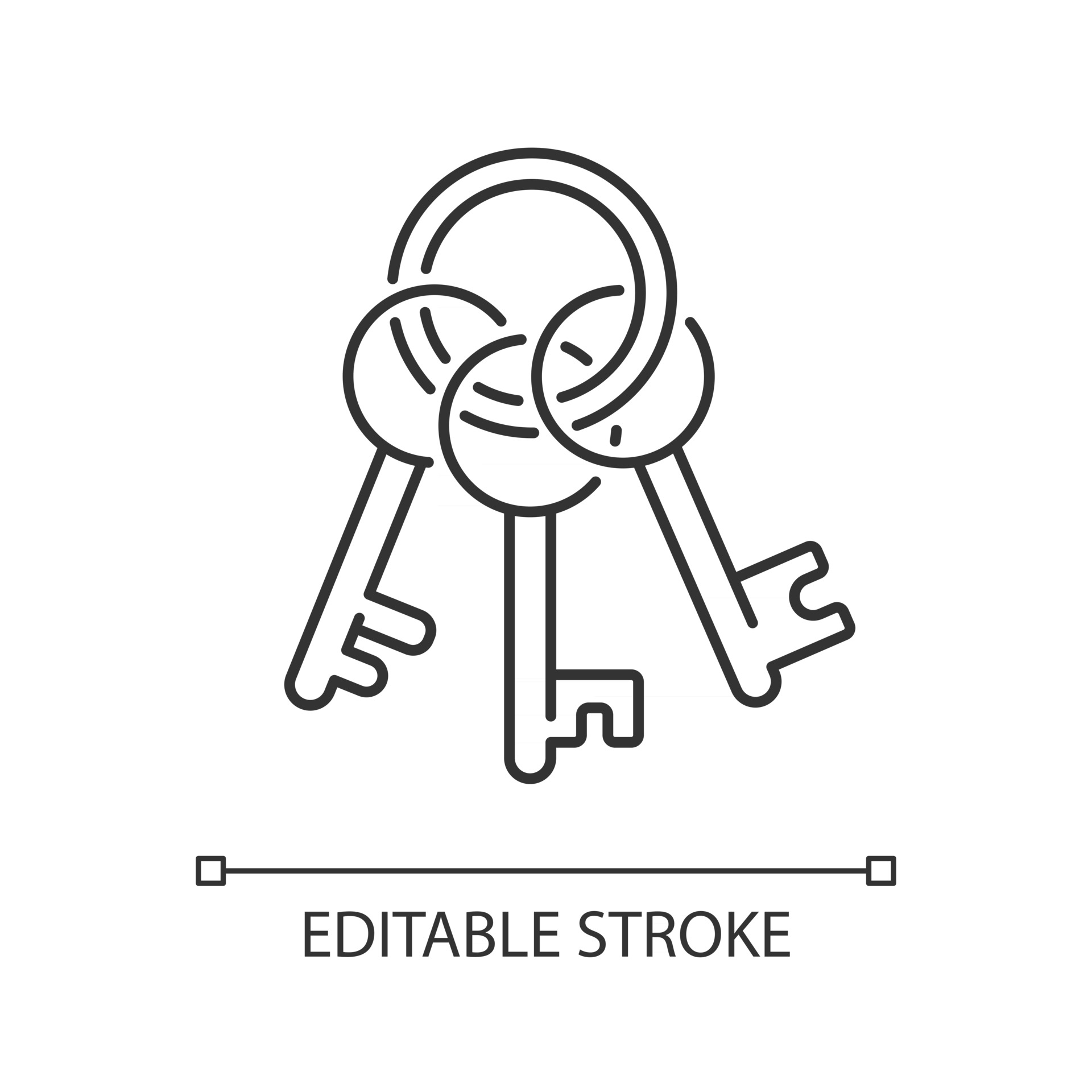 Key chain linear icon. Steel keychain, metallic keyring. Solving