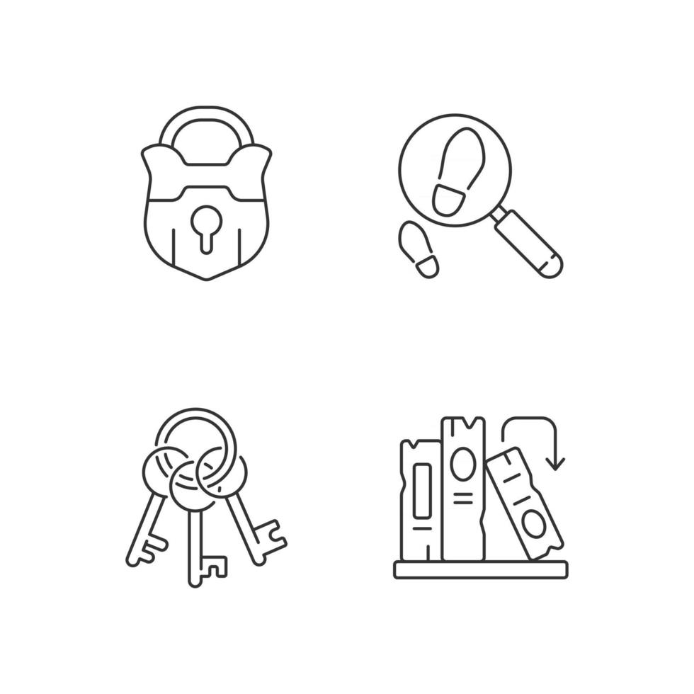 Solving mystery linear icons set. Vintage padlock. Keys on ring for lock. Solving puzzles. Part of quest. Customizable thin line contour symbols. Isolated vector outline illustrations. Editable stroke