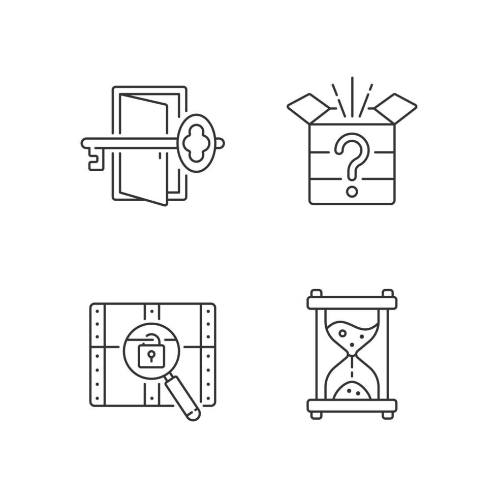 Puzzle linear icons set. Find key to get out. Mystery box. Time countdown. Clues for riddle. Customizable thin line contour symbols. Isolated vector outline illustrations. Editable stroke