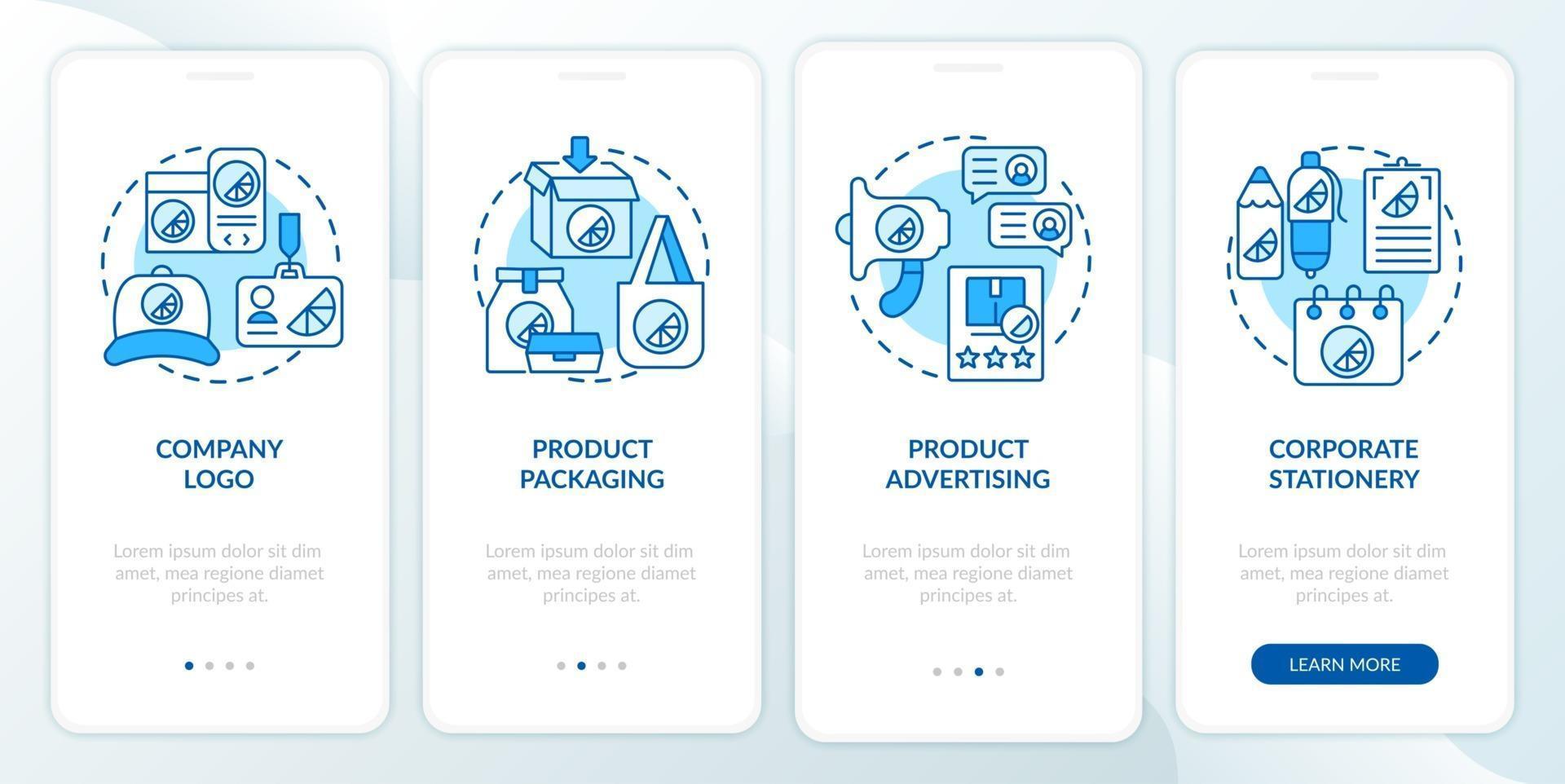 Brand touchpoints onboarding mobile app page screen with concepts. Logo, packaging walkthrough 4 steps graphic instructions. UI, UX, GUI vector template with linear color illustrations