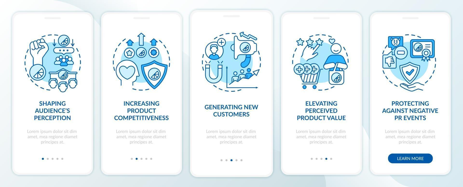 Strong brand identity onboarding mobile app page screen with concepts. Shaping audience perception walkthrough 5 steps graphic instructions. UI, UX, GUI vector template with linear color illustrations