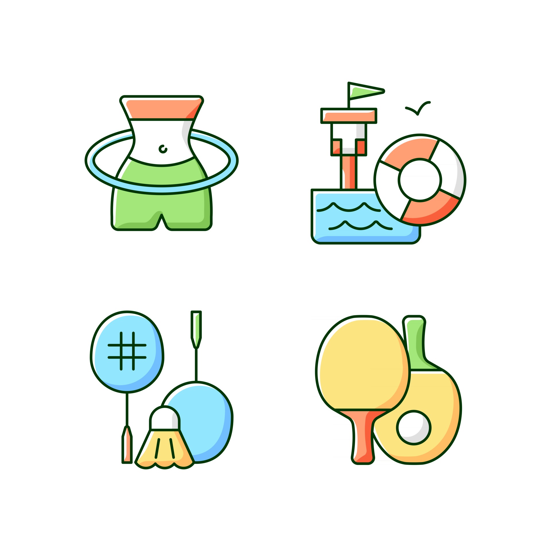 Summer Camp Activities Rgb Color Icons Set Hula Hoop Workout Badminton Ping Pong Body Warm Up Isolated Vector Illustrations Lifeguarding Training Simple Filled Line Drawings Collection 2766945 Vector Art At Vecteezy