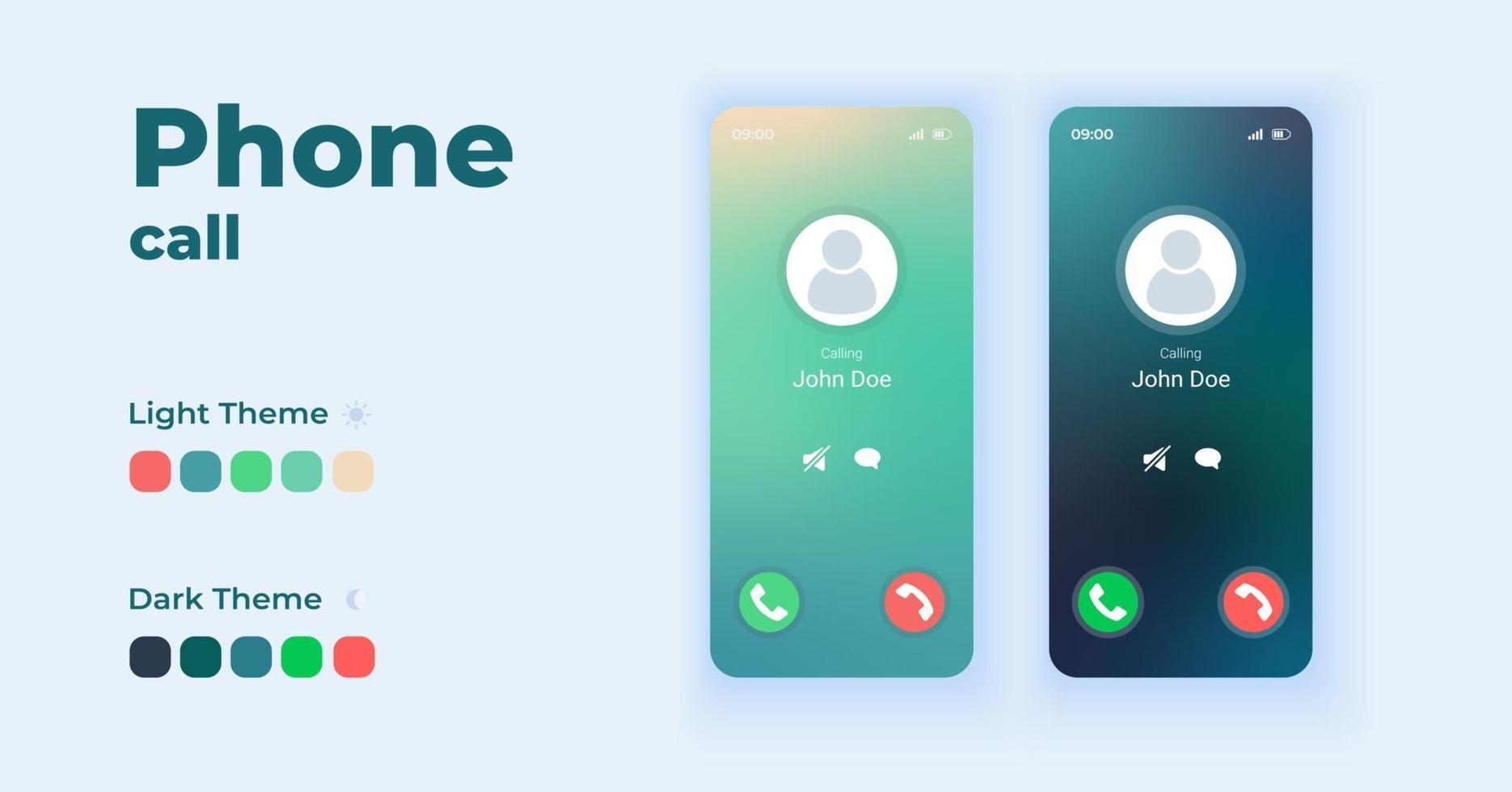llamada entrante que se muestra en la pantalla Conjunto de plantillas vectoriales de interfaz de teléfono inteligente de dibujos animados. página de pantalla de la aplicación móvil diseño de modo nocturno y diurno. recibir e ignorar llamadas ui para su aplicación. pantalla del teléfono vector