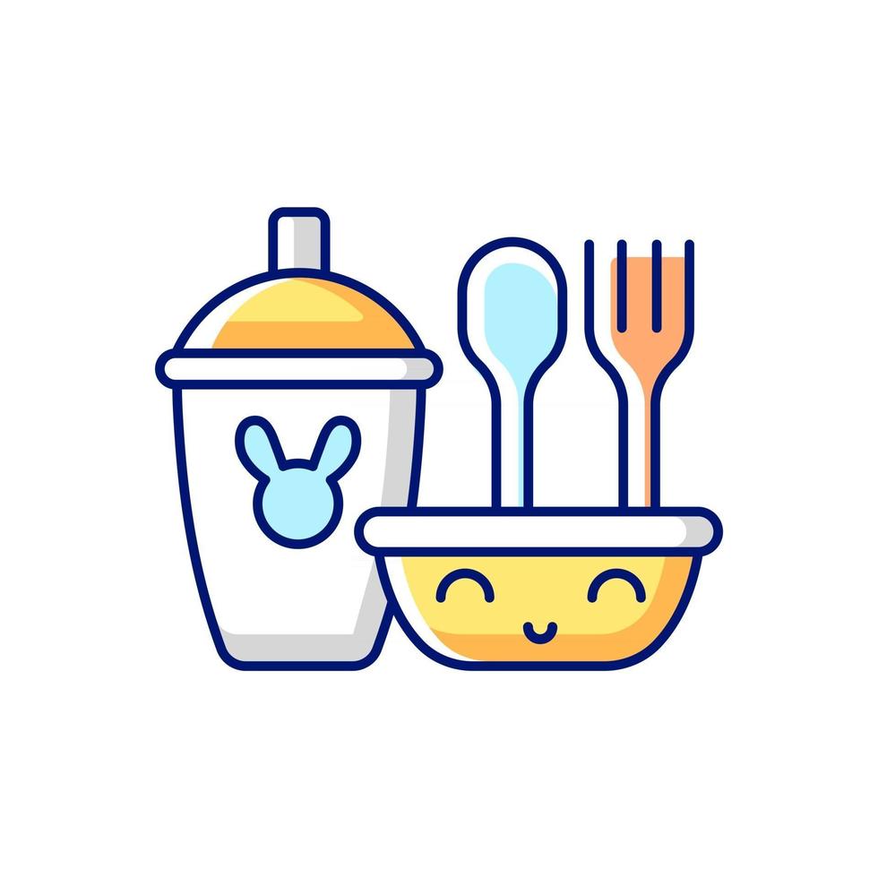 Kids dinnerware RGB color icon. Isolated vector illustration. Plates created for children to eat comfortably. Learning how to eat. Rubbered plastic forks and spoons simple filled line drawing.