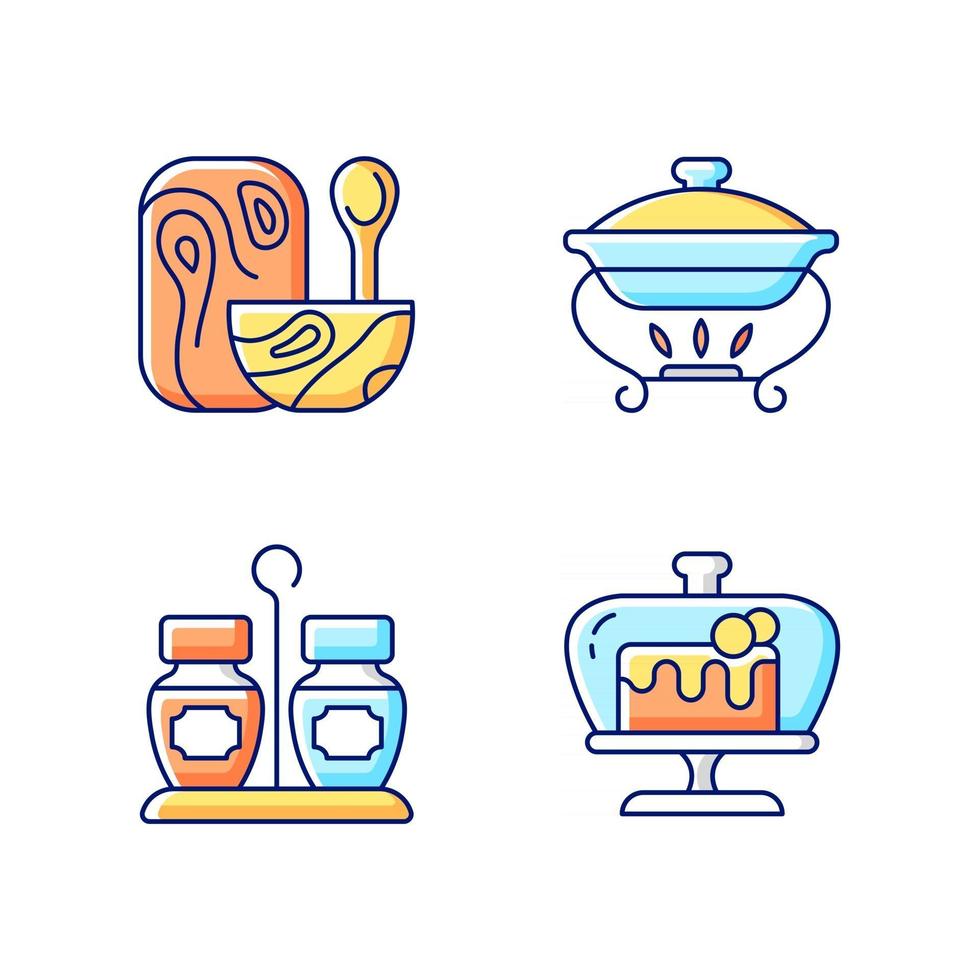 Modern tableware RGB color icons set. Isolated vector illustrations. Wooden tableware for kitchen. Warming tray for meal. Chafing dish that keeps food warm simple filled line drawings collection