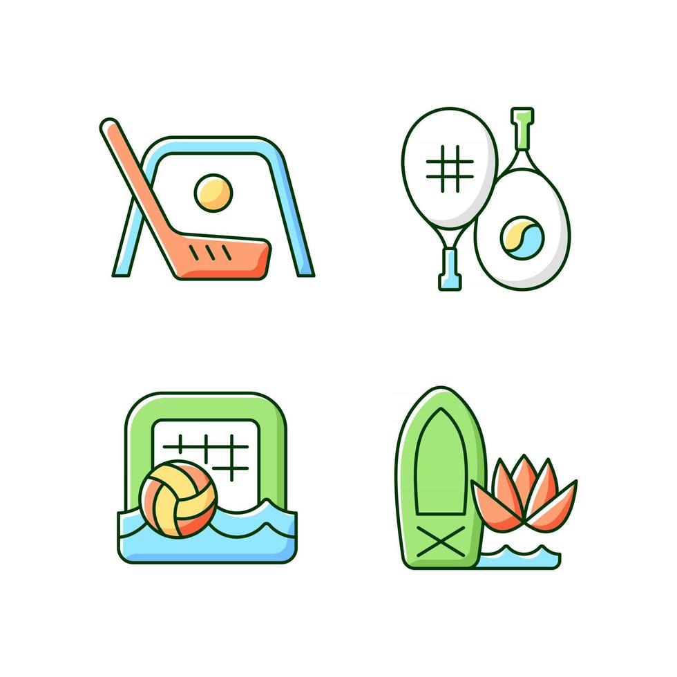 Summer camp activities RGB color icons set. Street hockey. Racket sport. Beach soccer. Stand up paddle board yoga. Isolated vector illustrations. Outdoor game simple filled line drawings collection