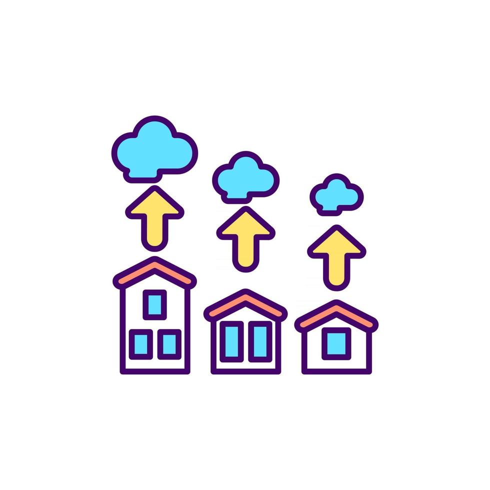 uso de energía residencial icono de color rgb. Emisiones de co2 de casas y otros edificios. ilustración vectorial aislada. eficiencia energética en el hogar. huella de carbono del hogar simple dibujo de líneas rellenas vector