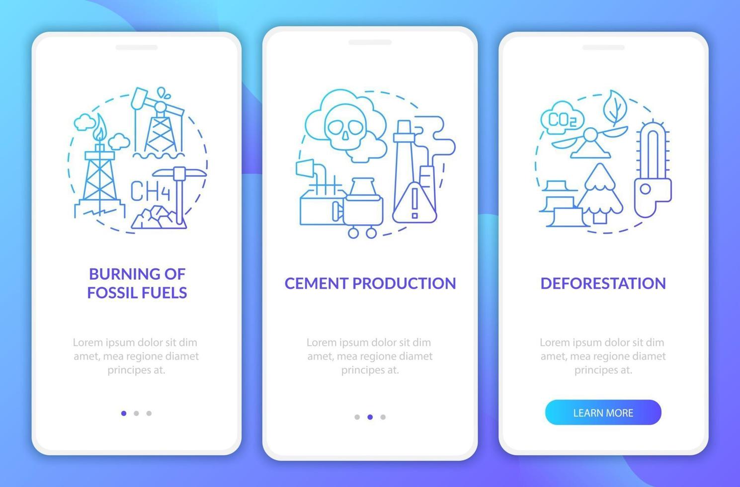 Human co2 lanza la pantalla de la página de la aplicación móvil incorporada con conceptos. Tutorial del proceso de deforestación Instrucciones gráficas de 3 pasos. ui, ux, plantilla de vector de interfaz gráfica de usuario con ilustraciones en color lineal