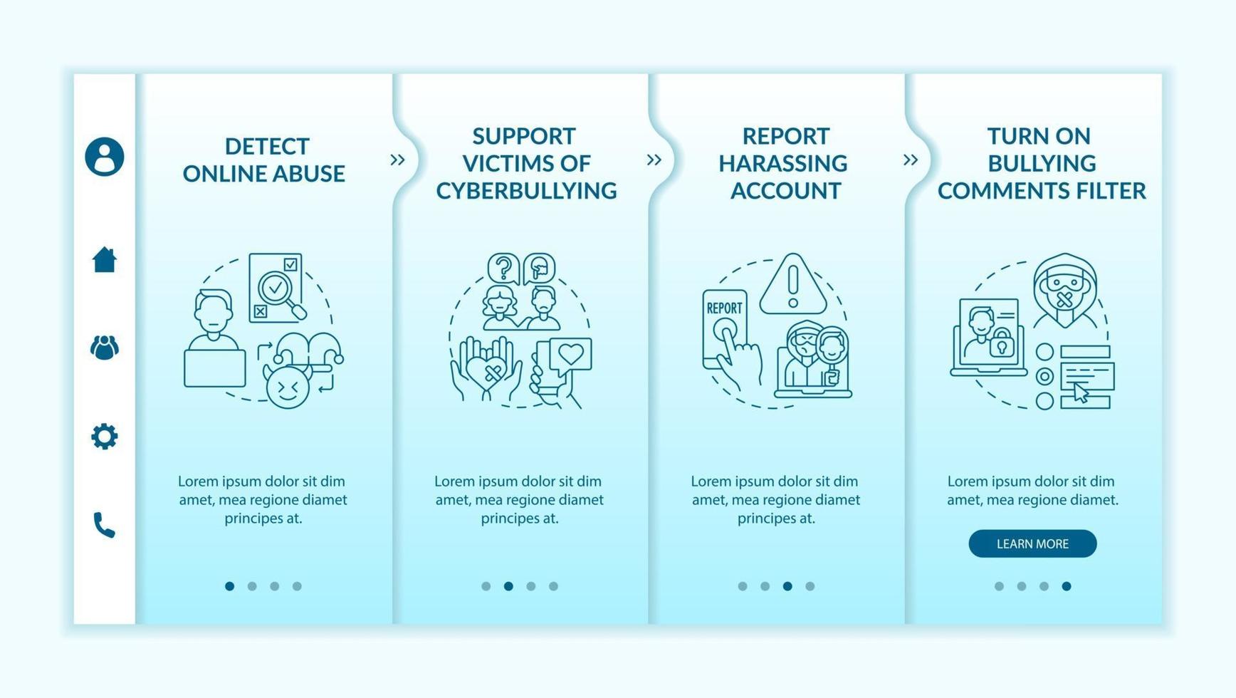 Cyberharassment prevention steps onboarding vector template. Responsive mobile website with icons. Web page walkthrough 4 step screens. Report harassing account color concept with linear illustrations