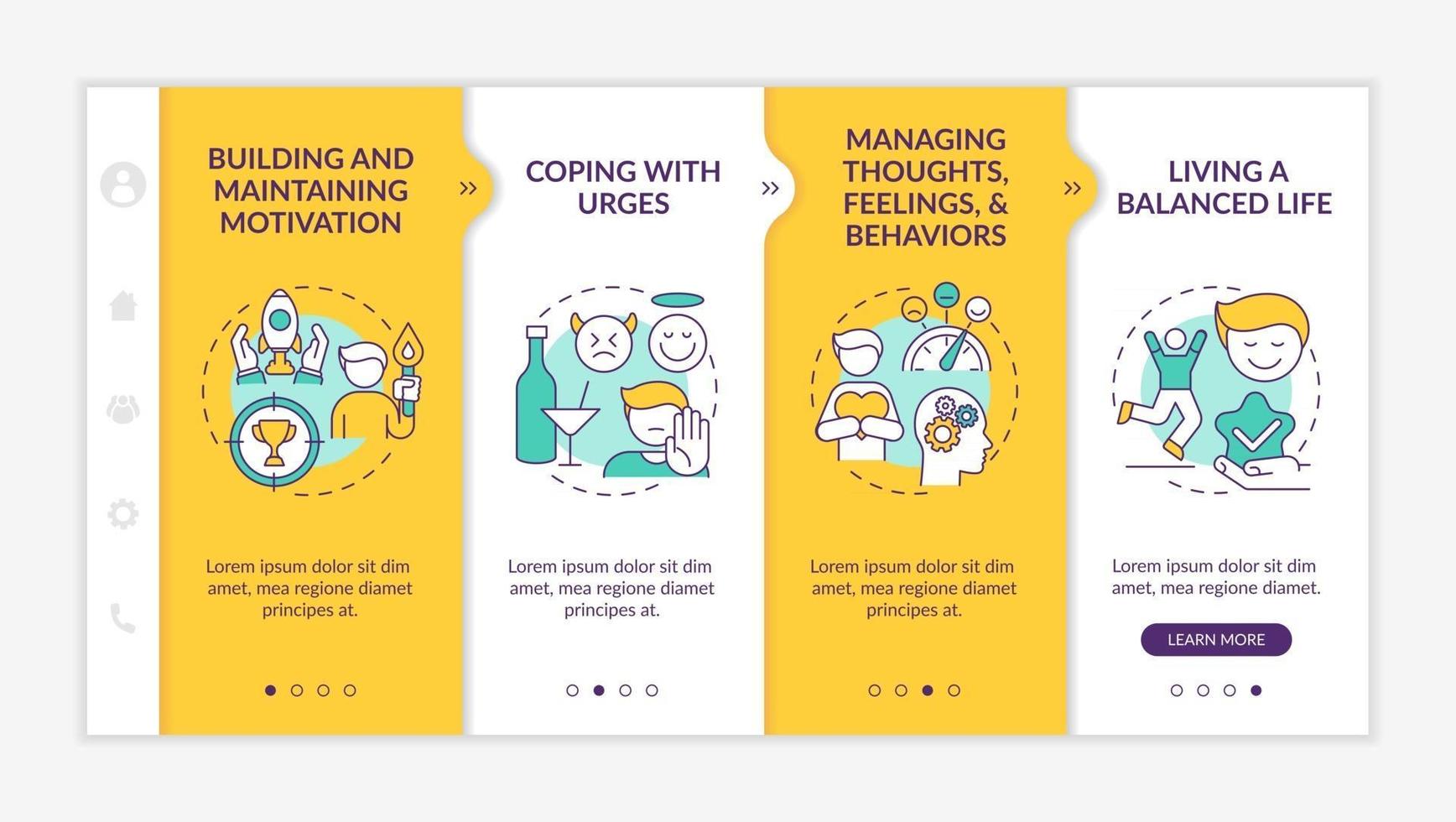 Addiction recovery steps onboarding vector template. Responsive mobile website with icons. Web page walkthrough 4 step screens. Maintaining motivation color concept with linear illustrations