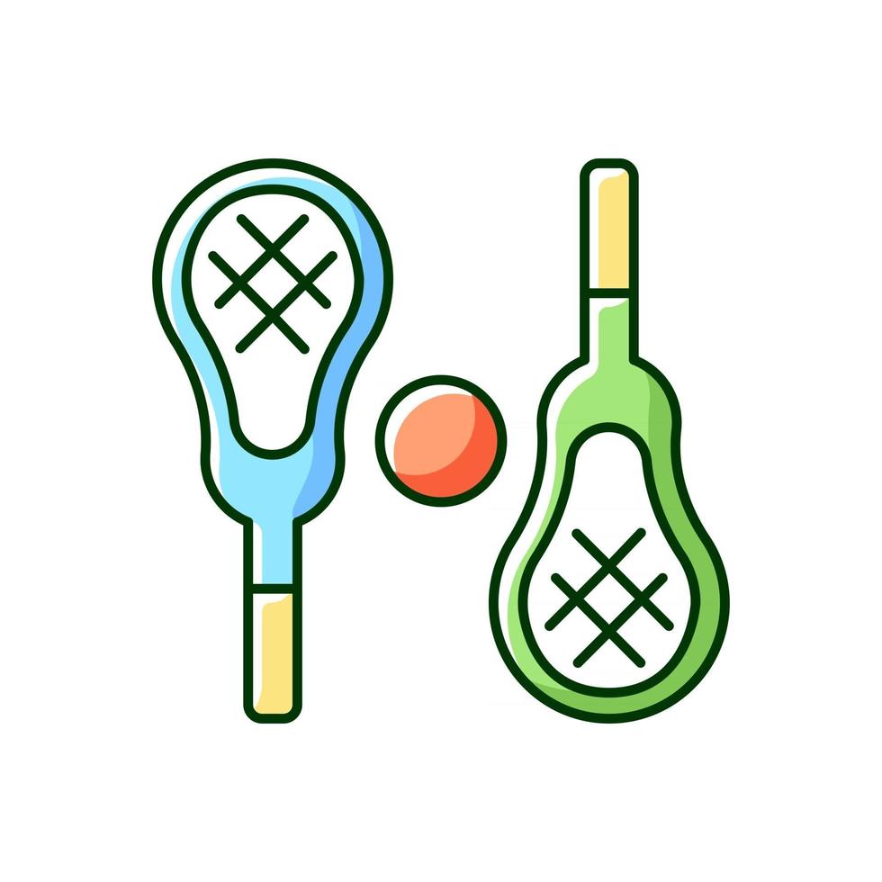 Lacrosse RGB color icon. Playing with lacrosse stick outdoor. Competitive team sport. Body workout. Isolated vector illustration. Passing ball between teammates simple filled line drawing