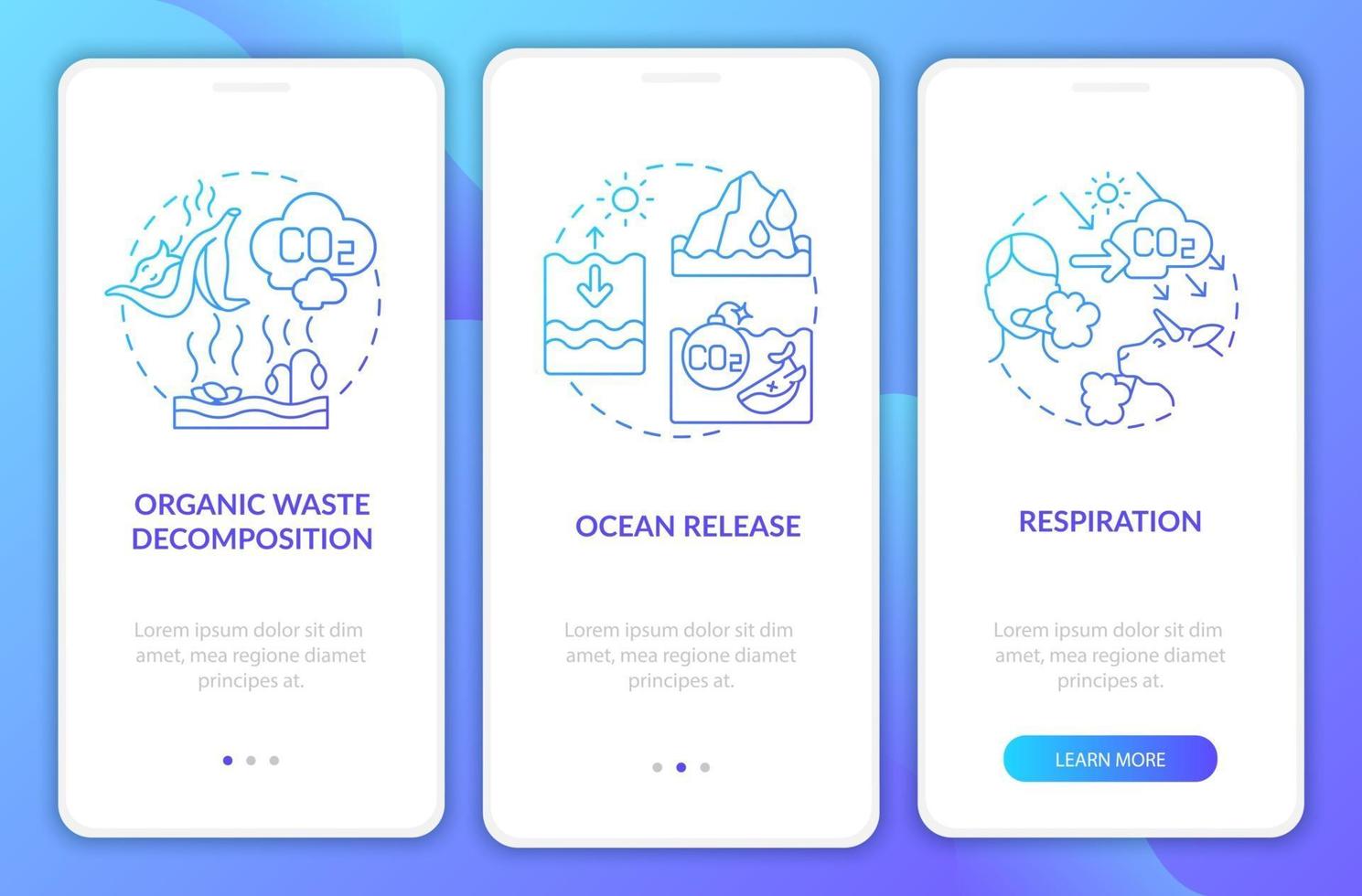 Las emisiones naturales de co2 provocan la incorporación de la pantalla de la página de la aplicación móvil con conceptos. aumento del nivel del mar tutorial instrucciones gráficas de 3 pasos. ui, ux, plantilla de vector de interfaz gráfica de usuario con ilustraciones en color lineal