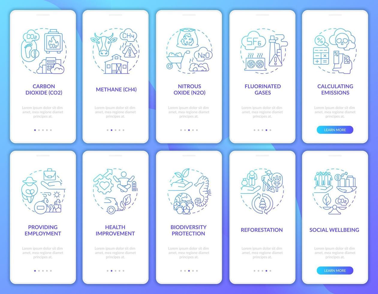 Greenhouse gas sources onboarding mobile app page screen with concepts set. Carbon offsetting walkthrough 5 steps graphic instructions. UI, UX, GUI vector template with linear color illustrations