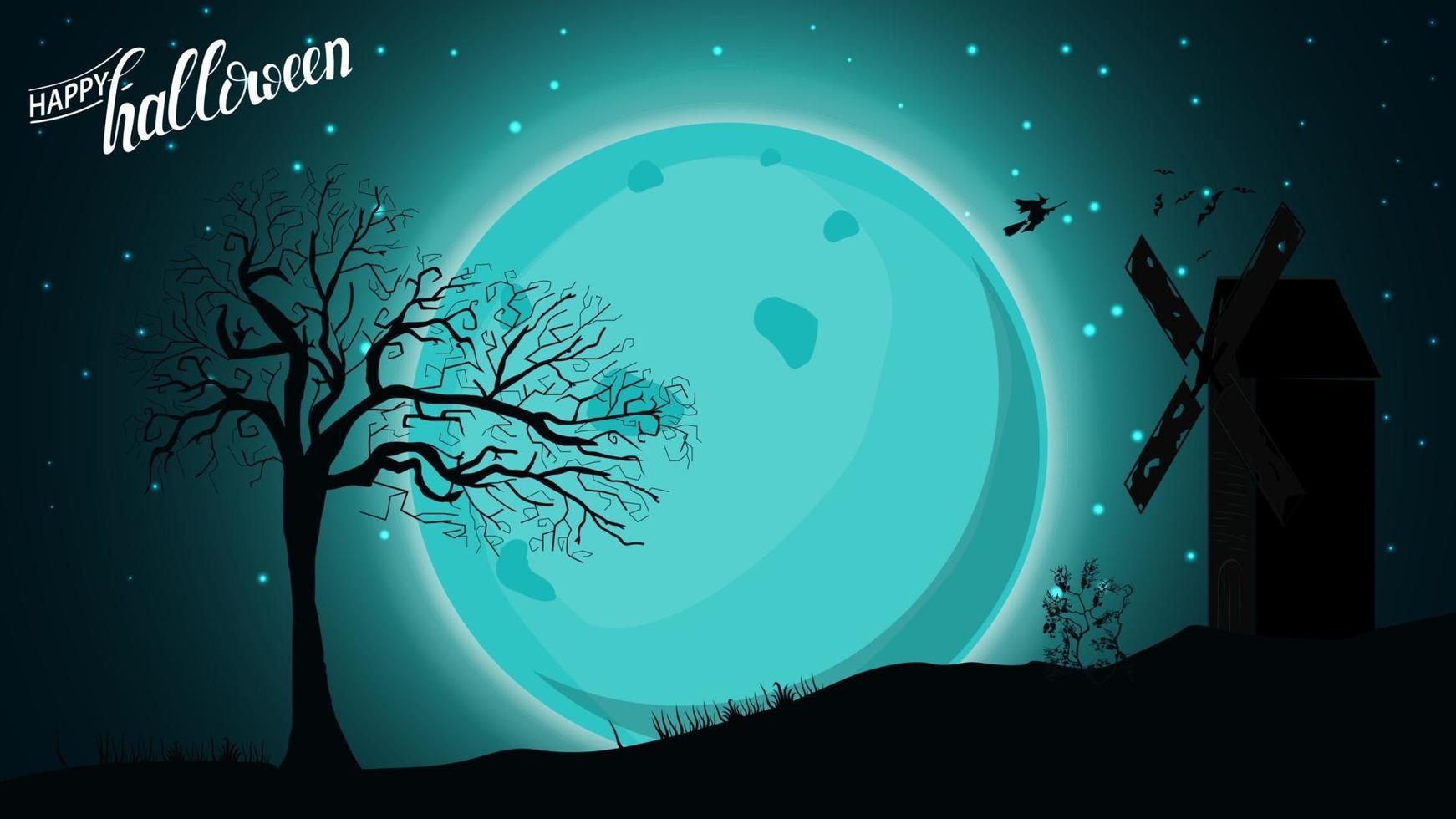 Halloween background, template for your creativity with blue night landscape with full moon, old mill and witches. Template for your art vector