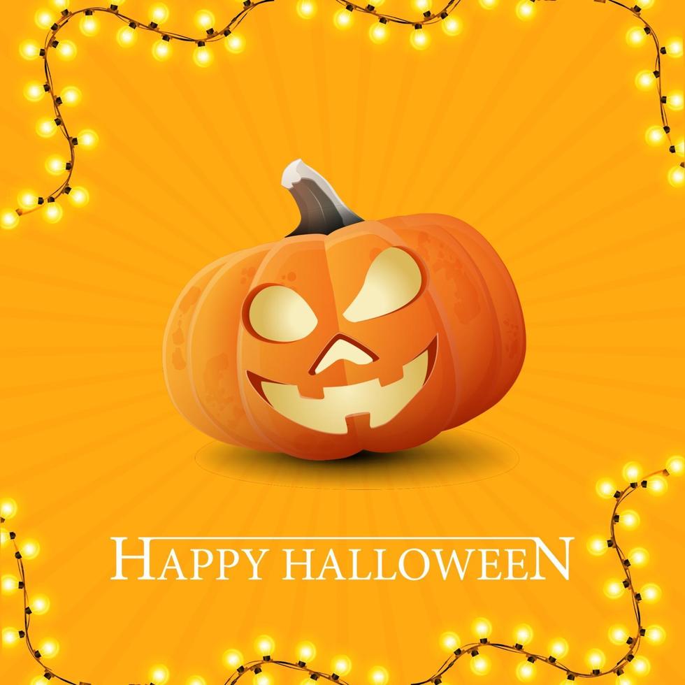 Happy Halloween, yellow getting square postcard with big fun pumpkin Jack vector