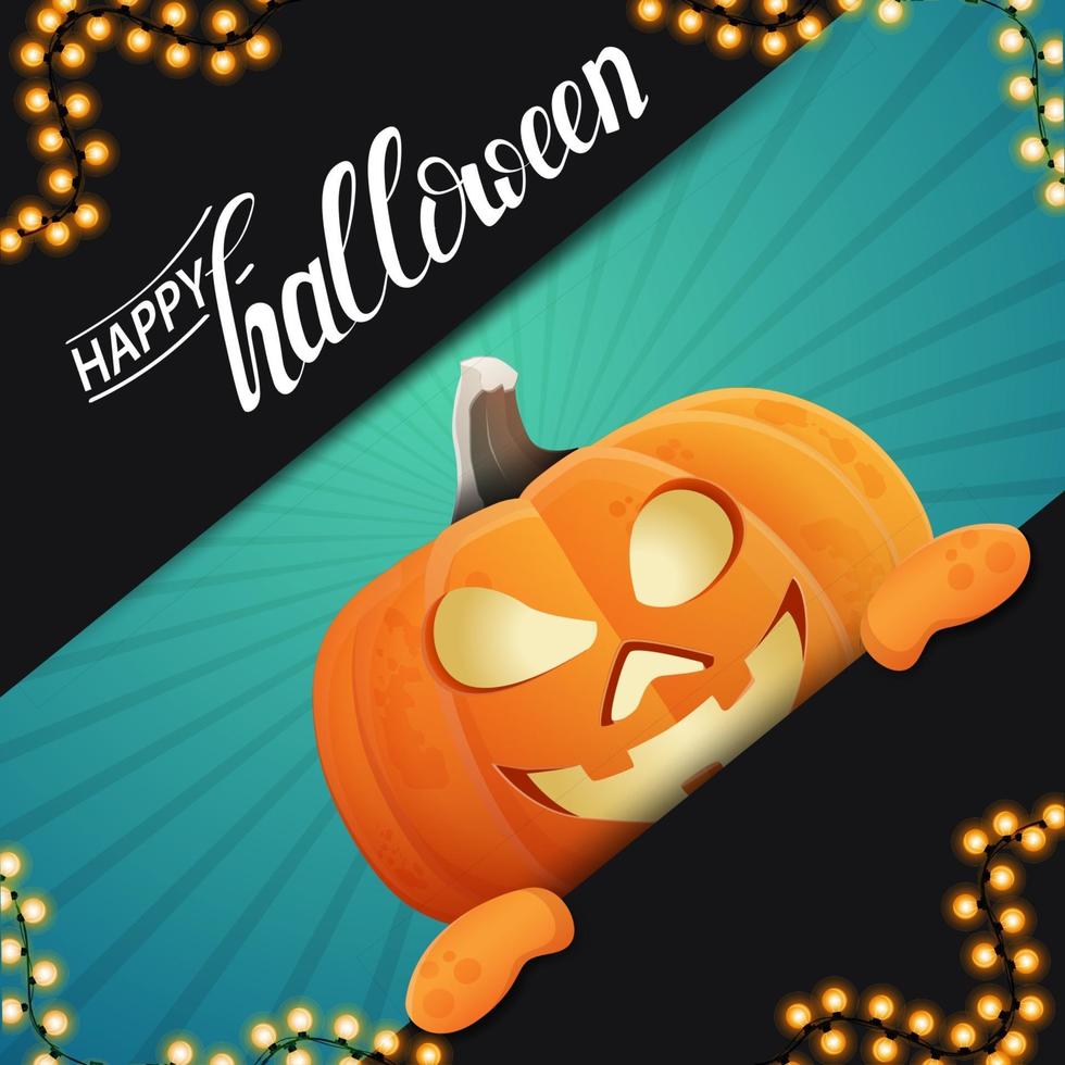 feliz halloween, plantilla cuadrada para tu creatividad con un divertido gato de calabaza que se asoma desde detrás de la pared vector