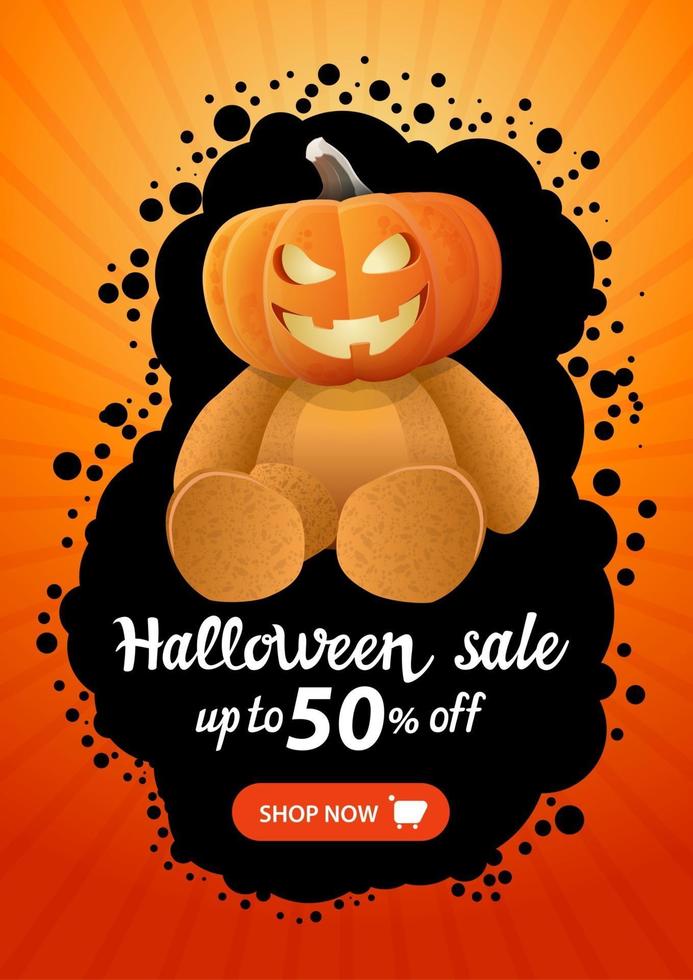 venta de halloween, hasta 50 de descuento, plantilla de banner naranja vertical con botón comprar ahora y oso de peluche con cabeza de calabaza vector