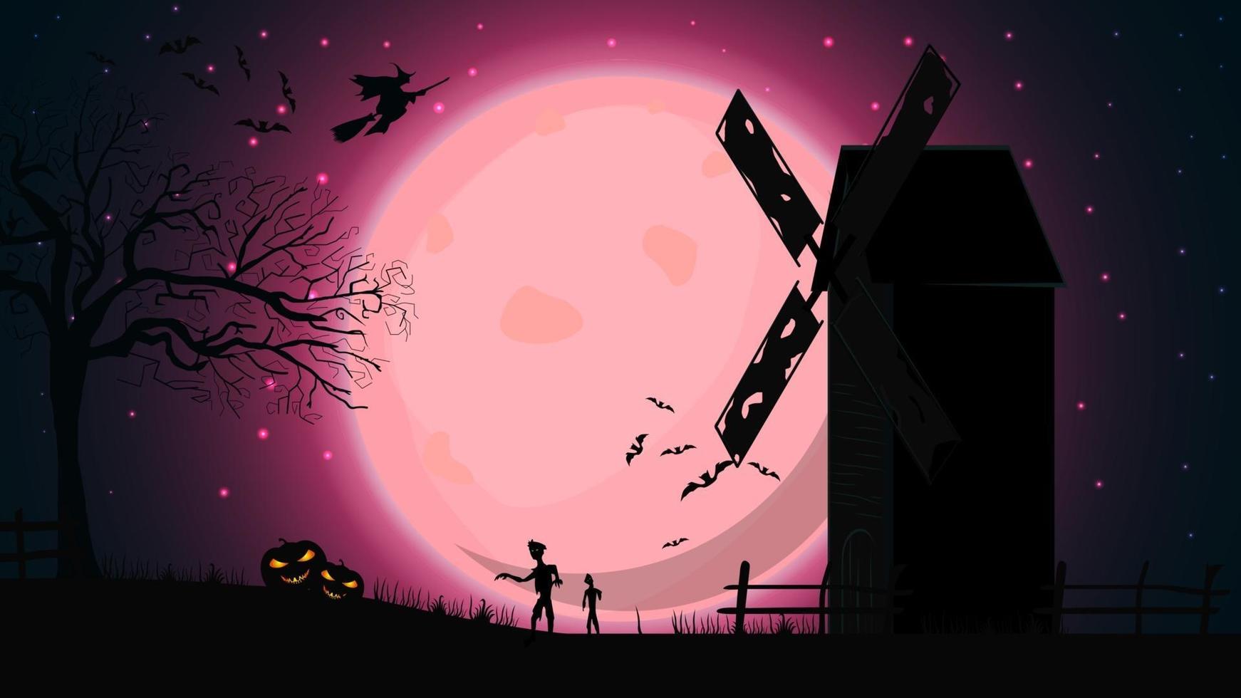 Fondo de halloween, plantilla para tu creatividad con paisaje nocturno rosa con luna llena, antiguo molino, brujas y zombies. plantilla para tu arte vector