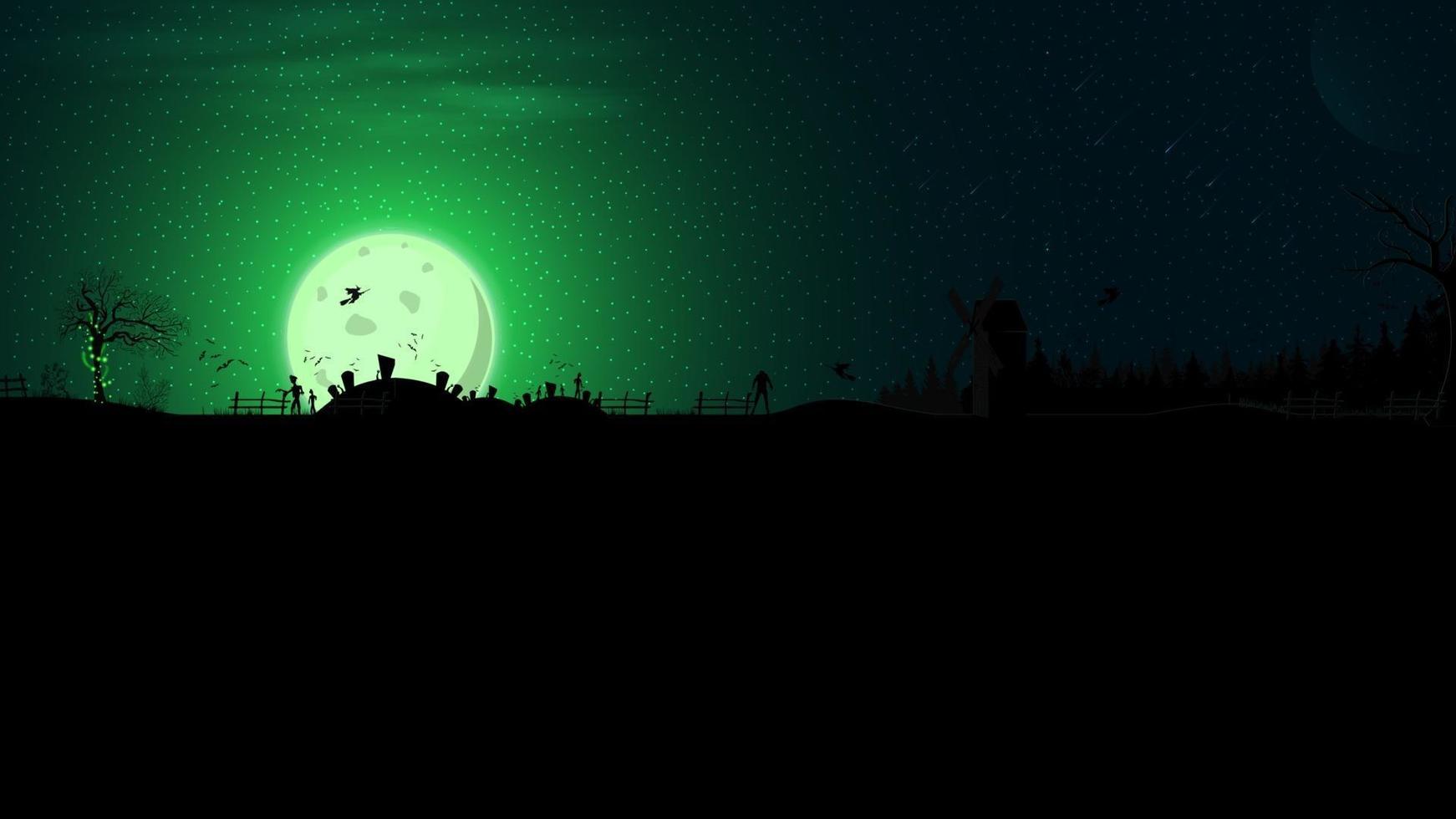 Fondo de halloween, luna verde llena, bosque oscuro, cementerio, zombies, brujas, hombres lobo, fantasmas y un viejo molino abandonado. fondo de halloween para tus artes vector