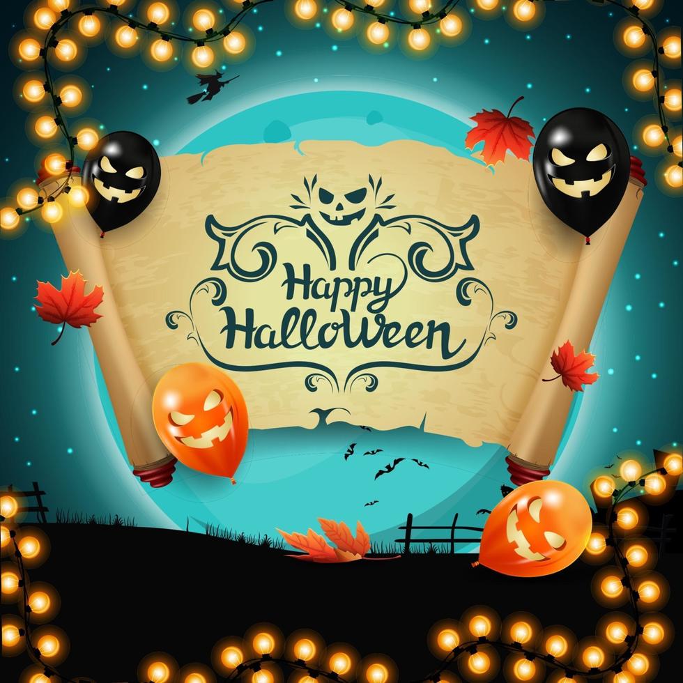 Feliz Halloween, postal con pergamino antiguo, hojas de otoño y globos de Halloween en el fondo de una gran luna llena azul vector