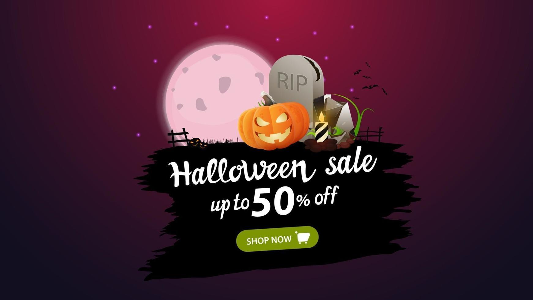 Halloween sale, up to 50 off, modern discount banner with full moon, tombstone and pumpkin Jack vector