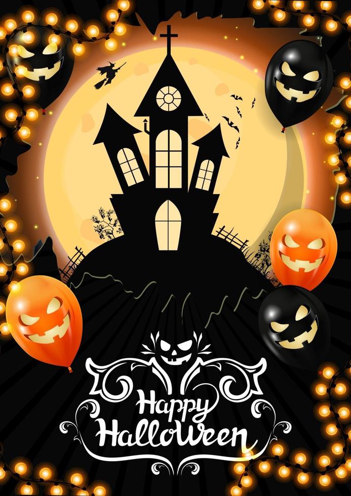 Happy Halloween, vertical template for your creativity with big full moon and old castle on the background. Template decorated with Halloween balloons and garland vector