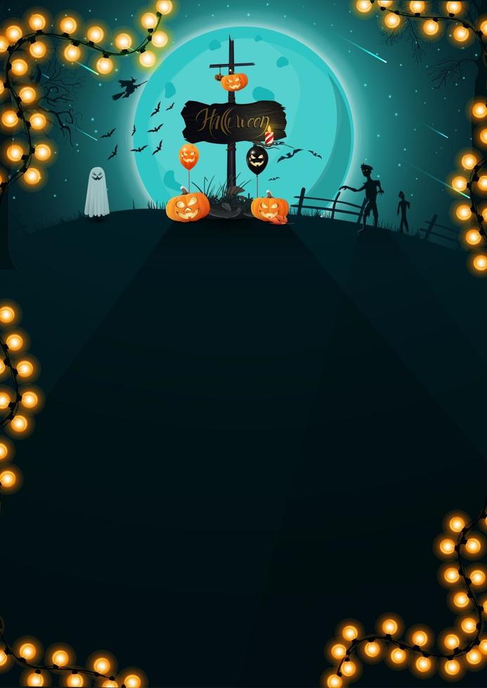 Halloween background, vertical template for your creativity with night landscape with big blue full moon, zombie, witches and ghosts. Template with space for text vector