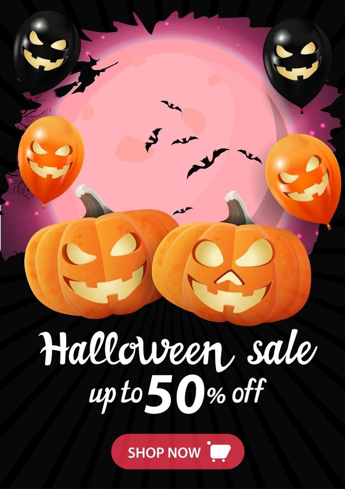Halloween sale, up to 50 off, vertical dark banner with big full moon on the background, pumpkins and Halloween balloons. Vertical banner for your business vector