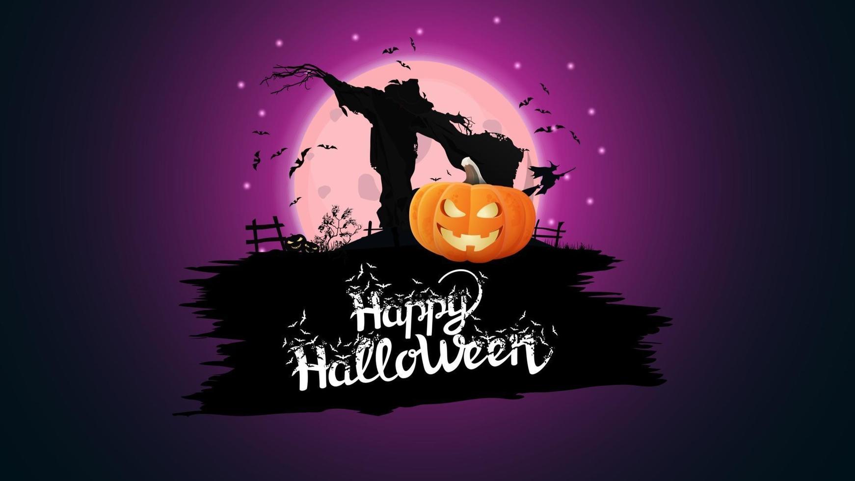 Happy Halloween, creative greeting postcard with Scarecrow and pumpkin Jack against the big pink full moon vector