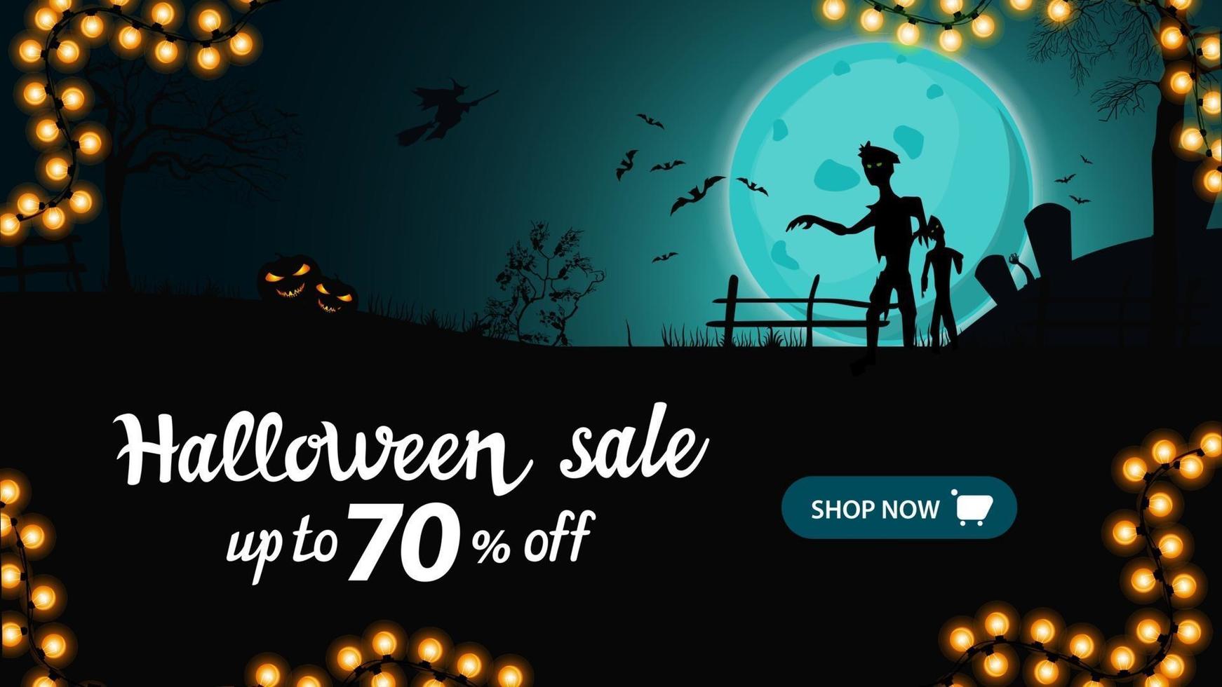 Halloween sale, up to 70 off, horizontal discount banner for your business with night landscape with big blue full moon, zombie and witches. vector