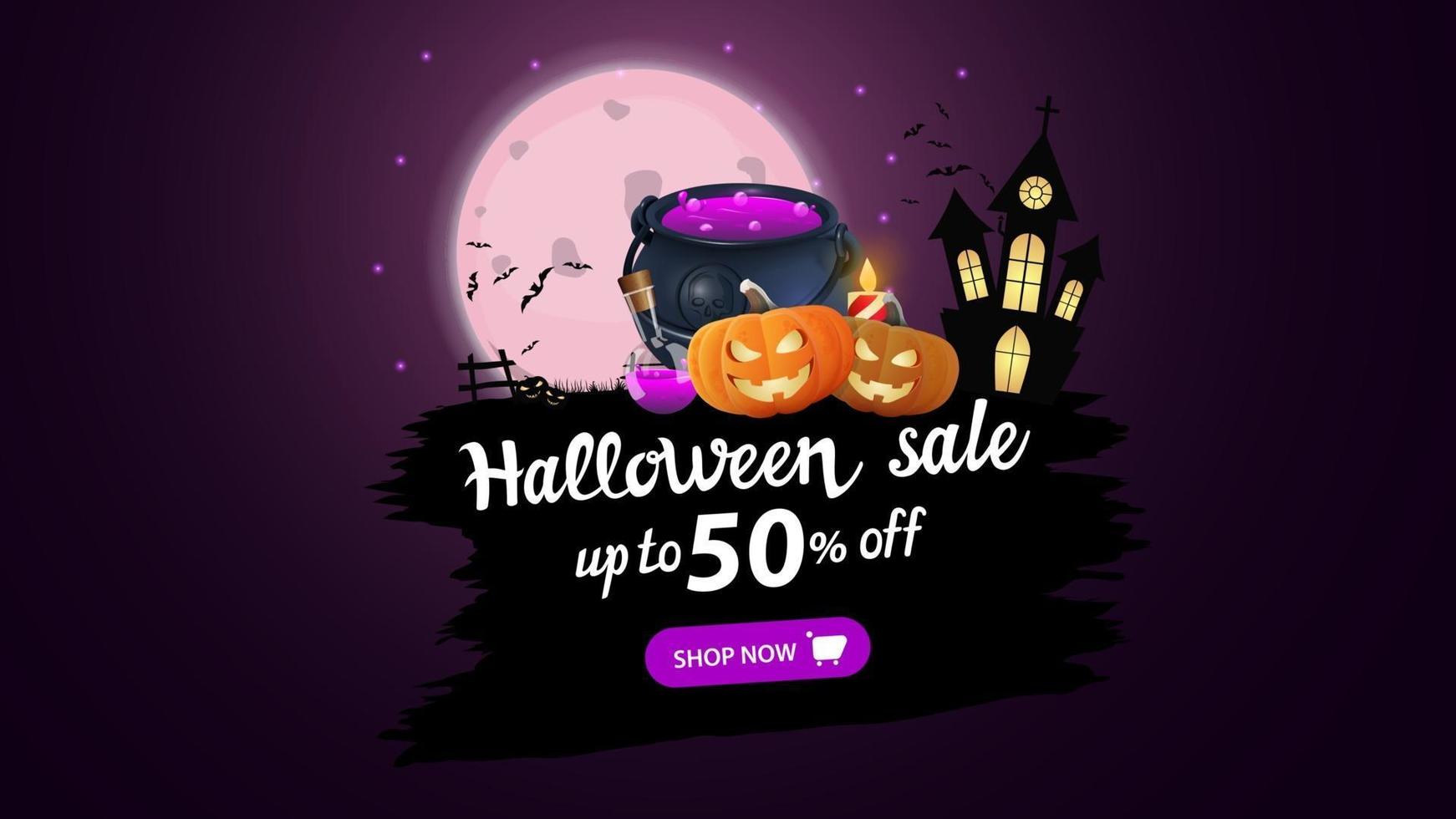 Halloween sale, up to 50 off, modern discount banner with full moon, old castle, bats, witch's cauldron and pumpkin Jack vector