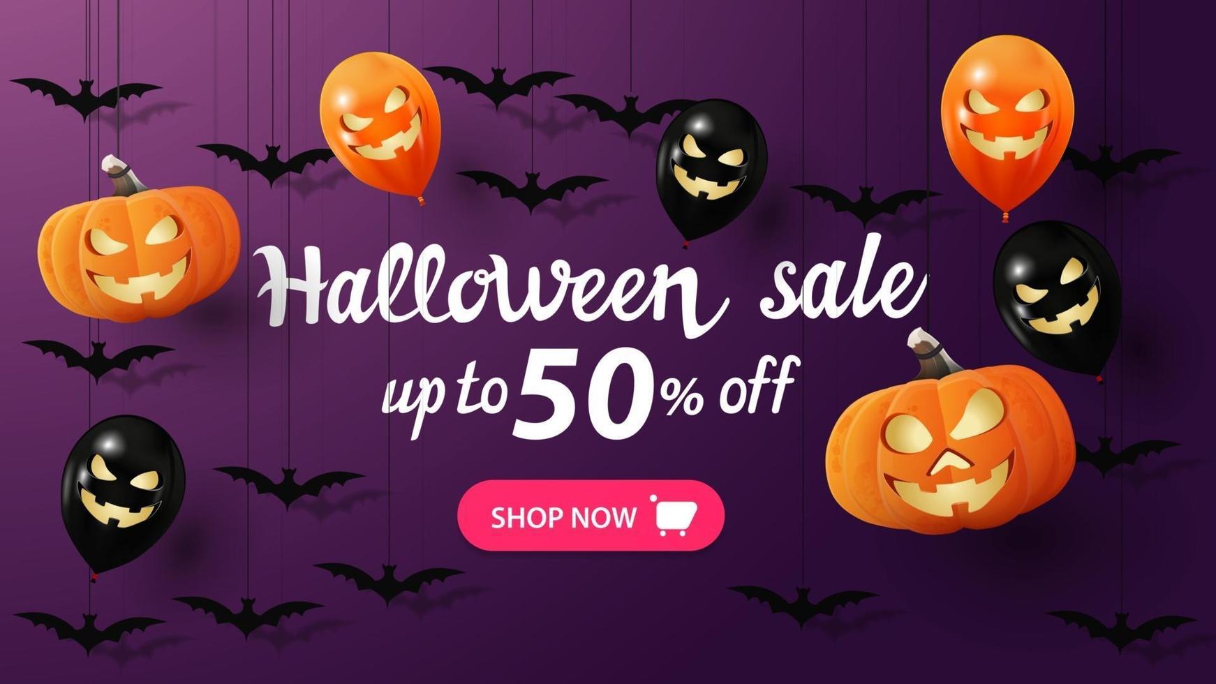 Halloween sale, up to 50 off, discount purple banner with bats, pumpkins and balloons tied with ropes to the ceiling and floating in the air vector