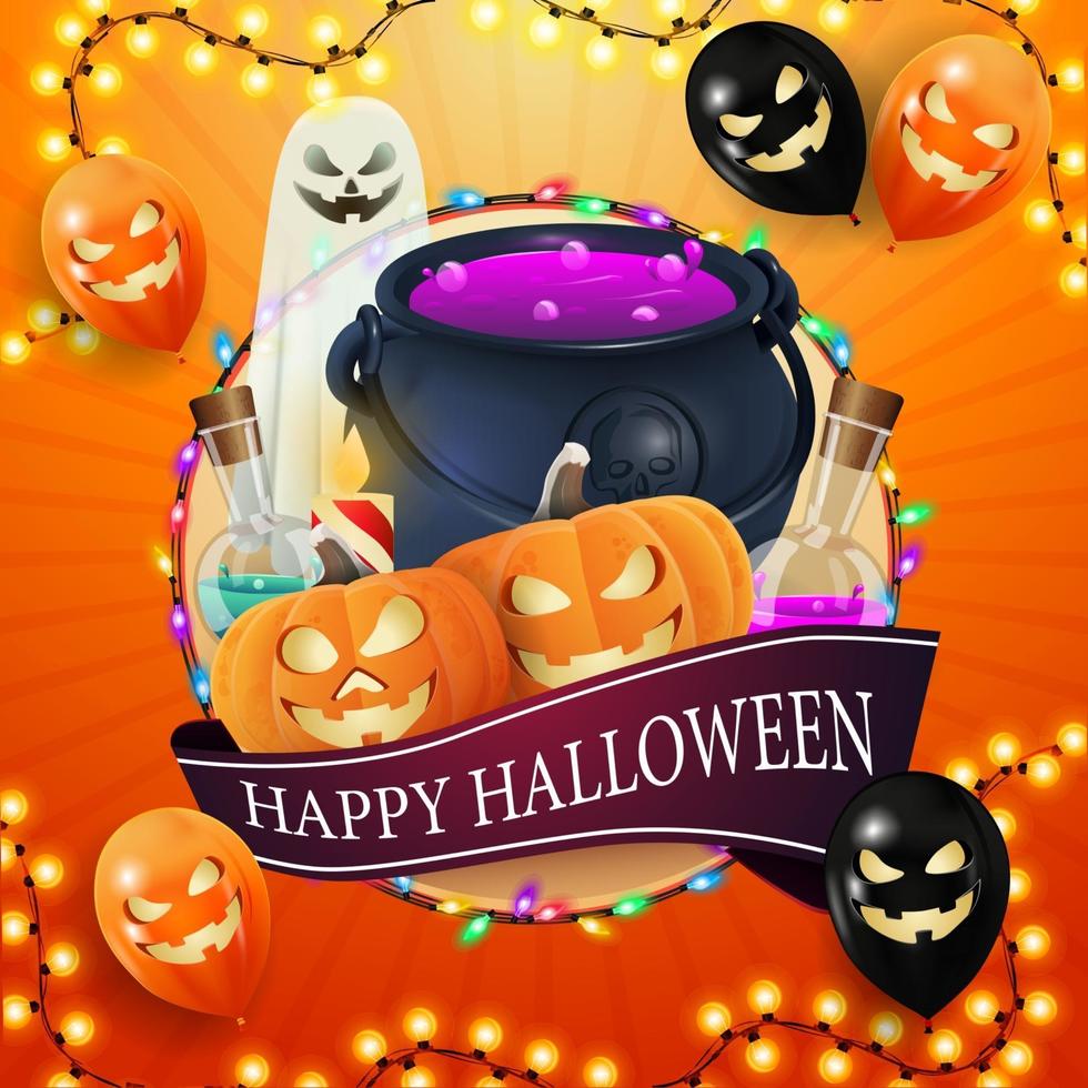 feliz halloween, cuadrado naranja, plantilla para tu creatividad con gran círculo, guirnalda, cinta con saludo, globos de halloween, fantasma, caldero de brujas y gato de calabaza vector