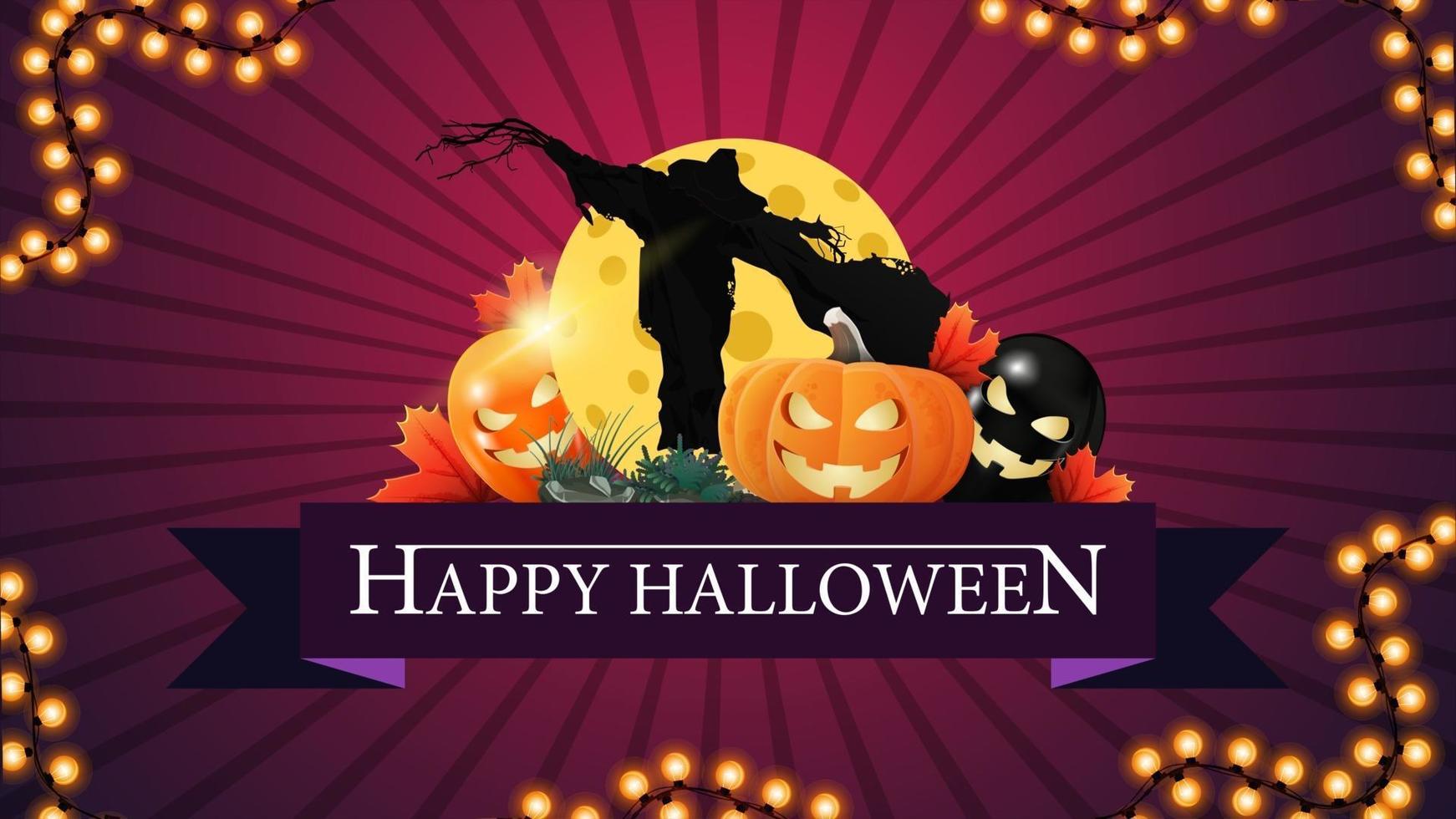 Happy Halloween, creative greeting postcard in the form of ribbon with Halloween ballons, Scarecrow and pumpkin Jack against the moon vector