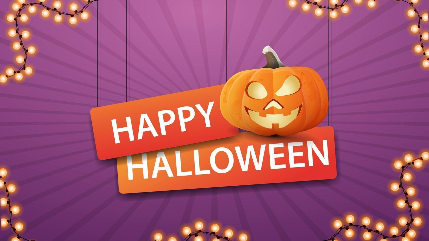 Happy Halloween, horizontal purple greeting postcard with fun pumplin