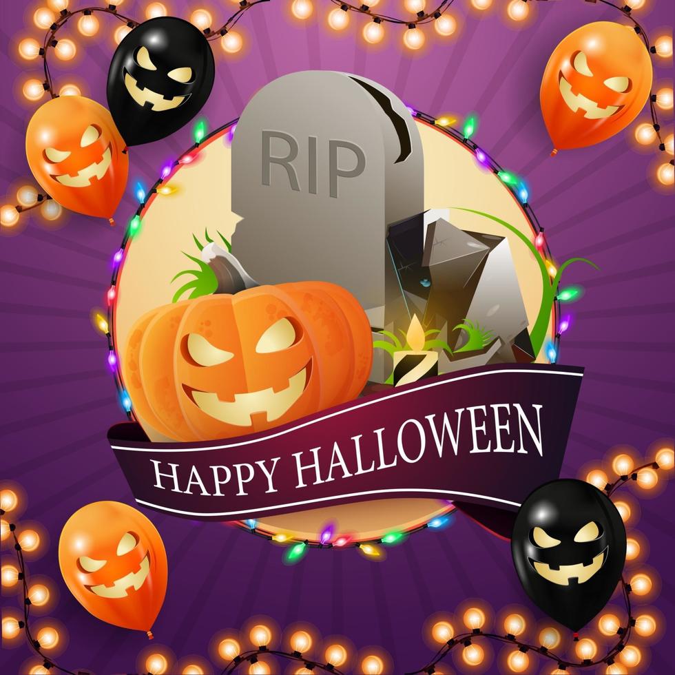 feliz halloween, plantilla cuadrada para tu creatividad con gran círculo, guirnalda, cinta con saludo, globos de halloween, lápida y calabaza vector