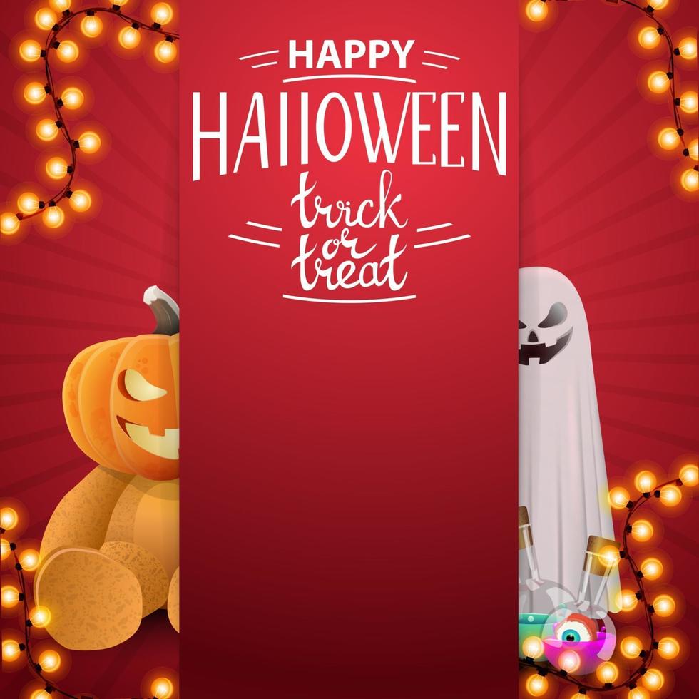 feliz halloween, truco o trato, plantilla cuadrada roja para tu creatividad con fantasma y oso de peluche con cabeza de calabaza, vector