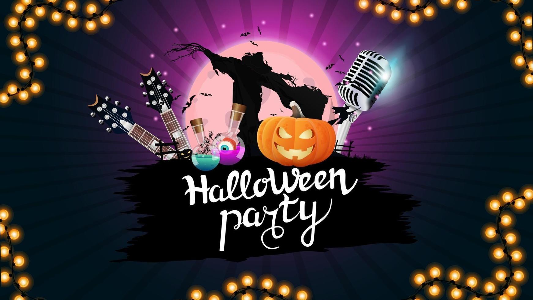 fiesta de halloween, banner de invitación a fiesta creativa con micrófono, guitarras, calabazas y espantapájaros. plantilla morada para cartel de fiesta de halloween vector