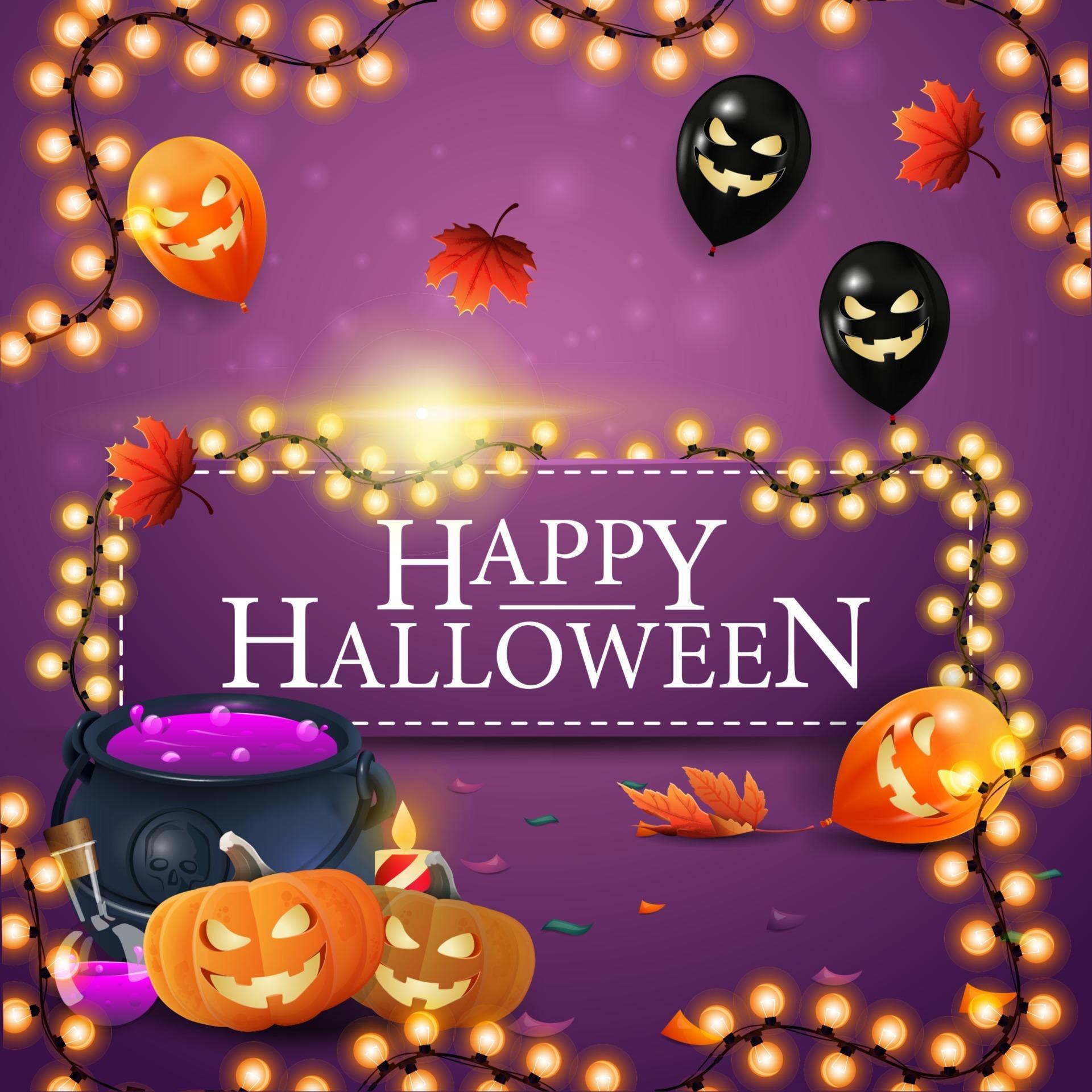 Happy Halloween Greetings
 Happy Halloween square purple greeting postcard with Halloween