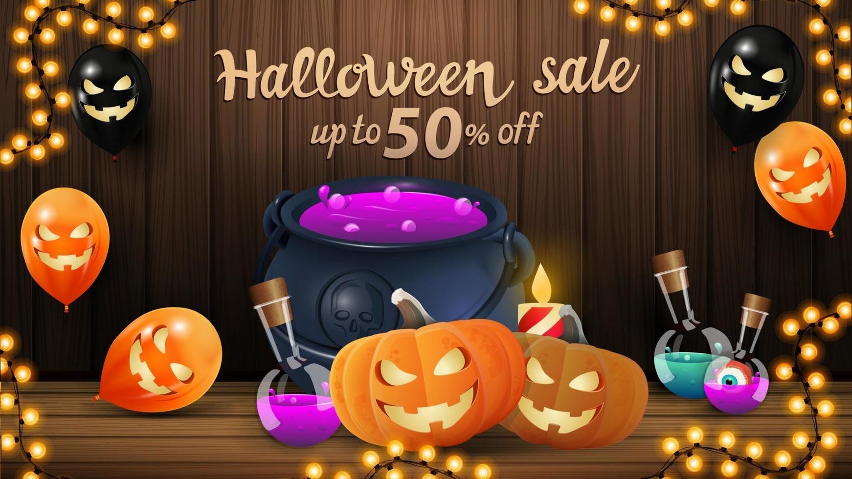 Halloween sale, up to 50 off, horizontal discount banner with wood wall, Halloween balloons, witch's cauldron and pumpkin Jack. Halloween template for your arts vector