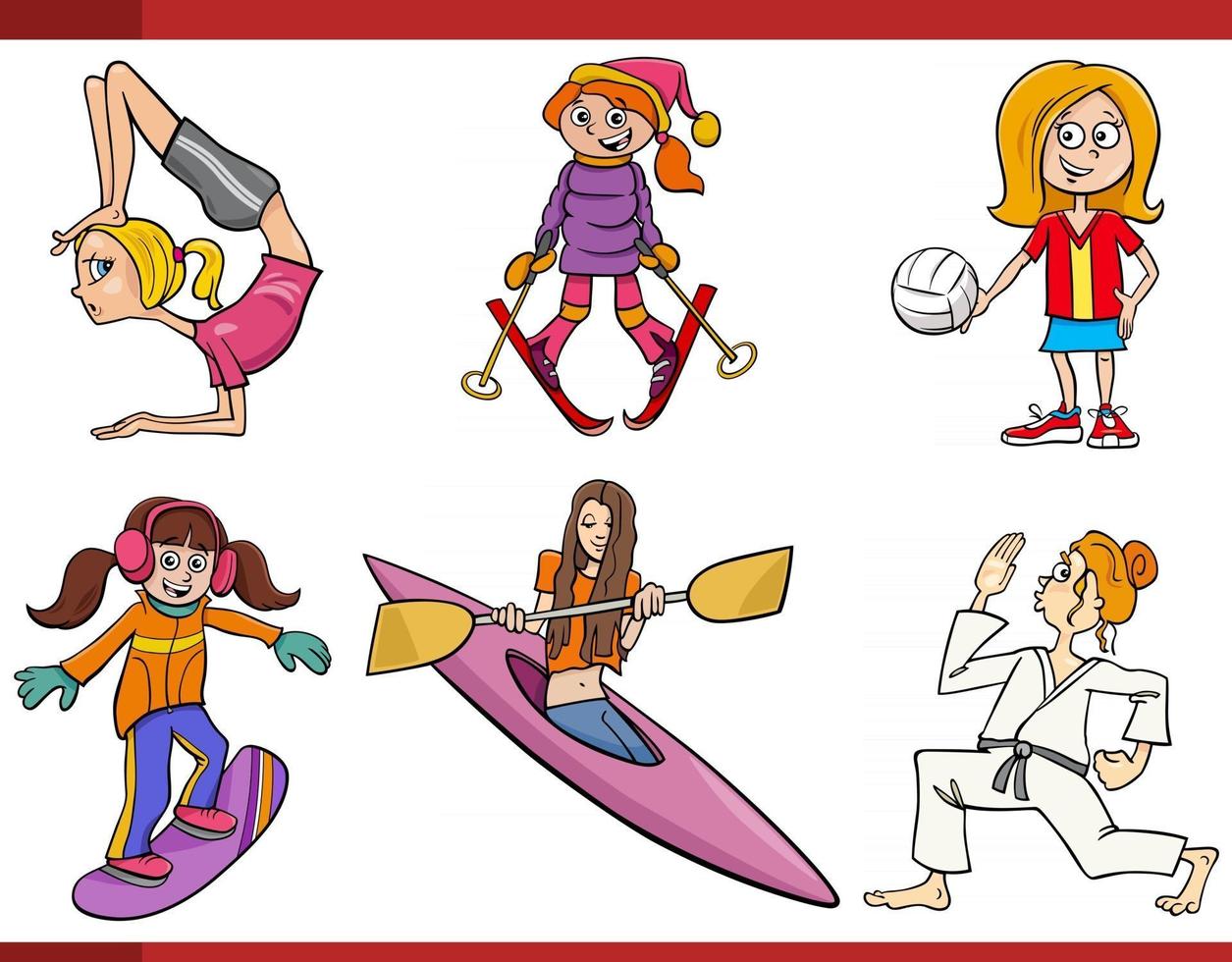 dibujos animados de niñas o mujeres y disciplinas deportivas vector