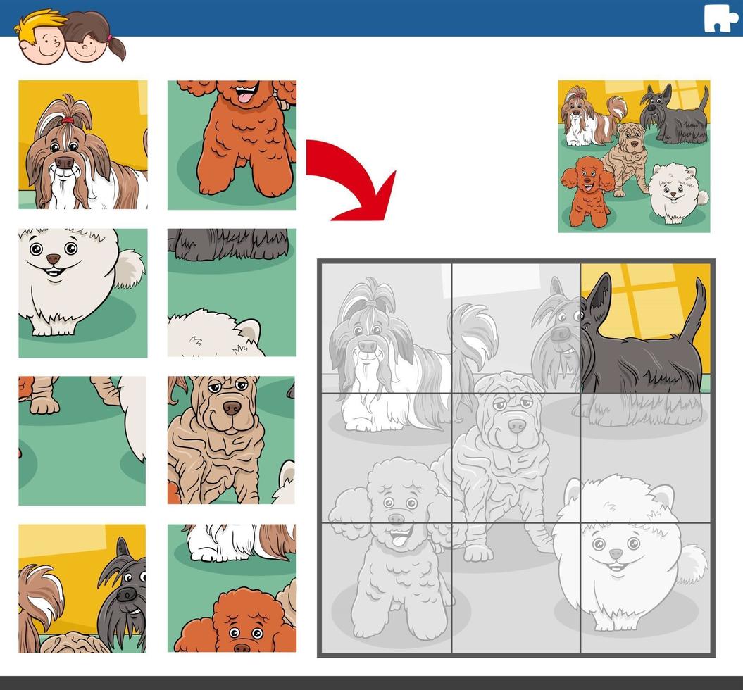 jigsaw puzzle game with purebred dogs animal characters vector