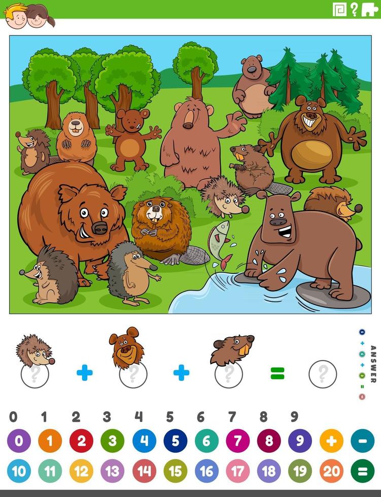 counting and adding task with cartoon animals vector