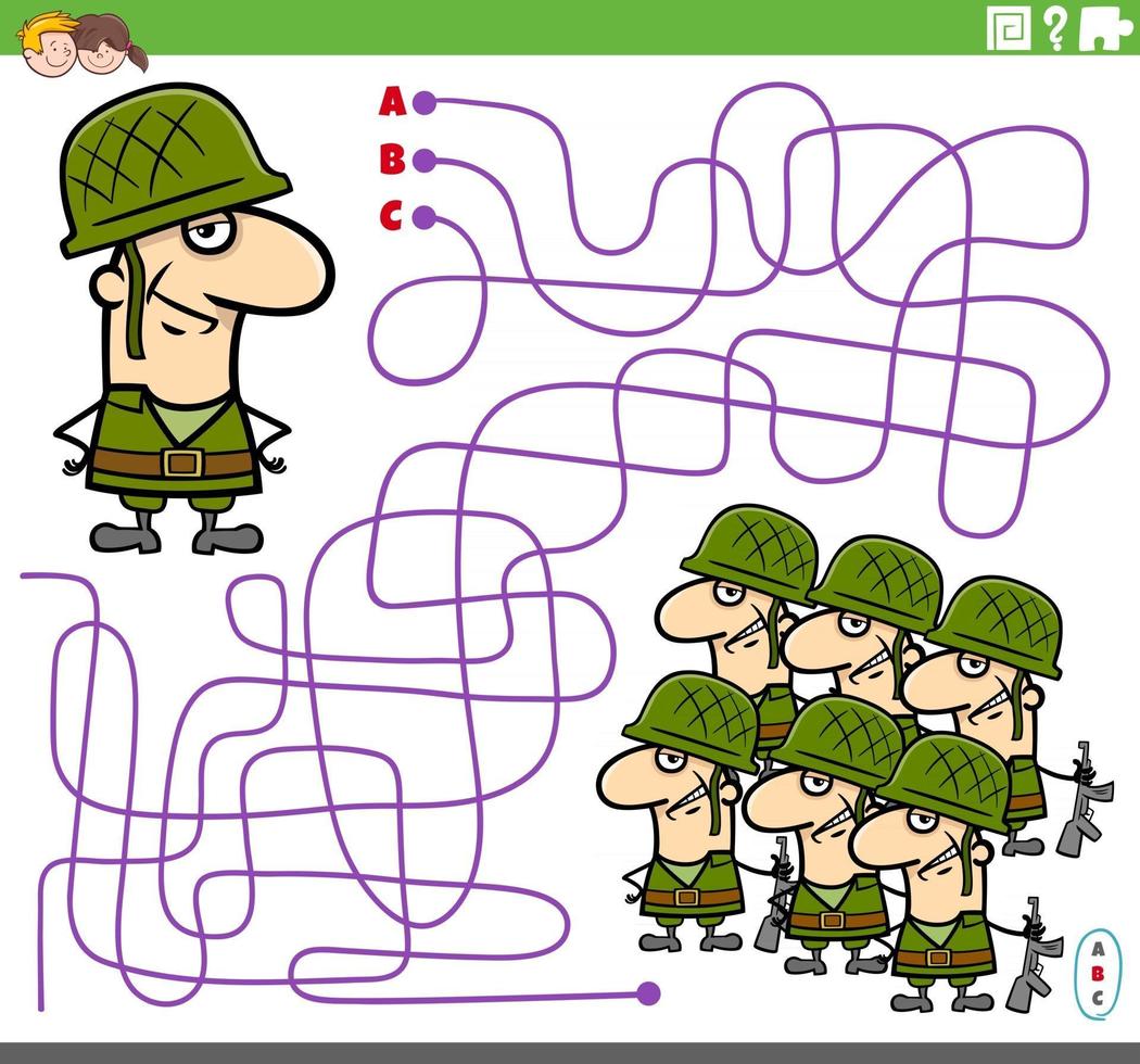 juego de laberinto educativo con soldado de dibujos animados y ejército vector
