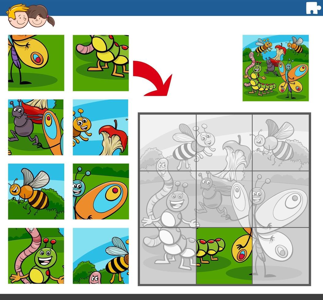 jigsaw puzzle game with insects animal characters vector