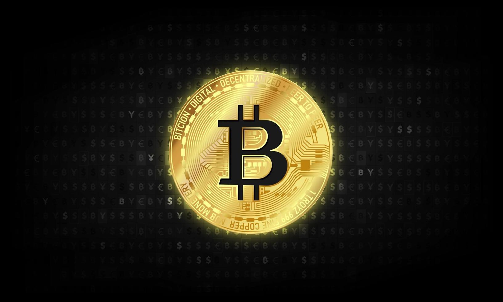 Golden bitcoin digital currency, futuristic digital money, technology worldwide network concept, vector illustration