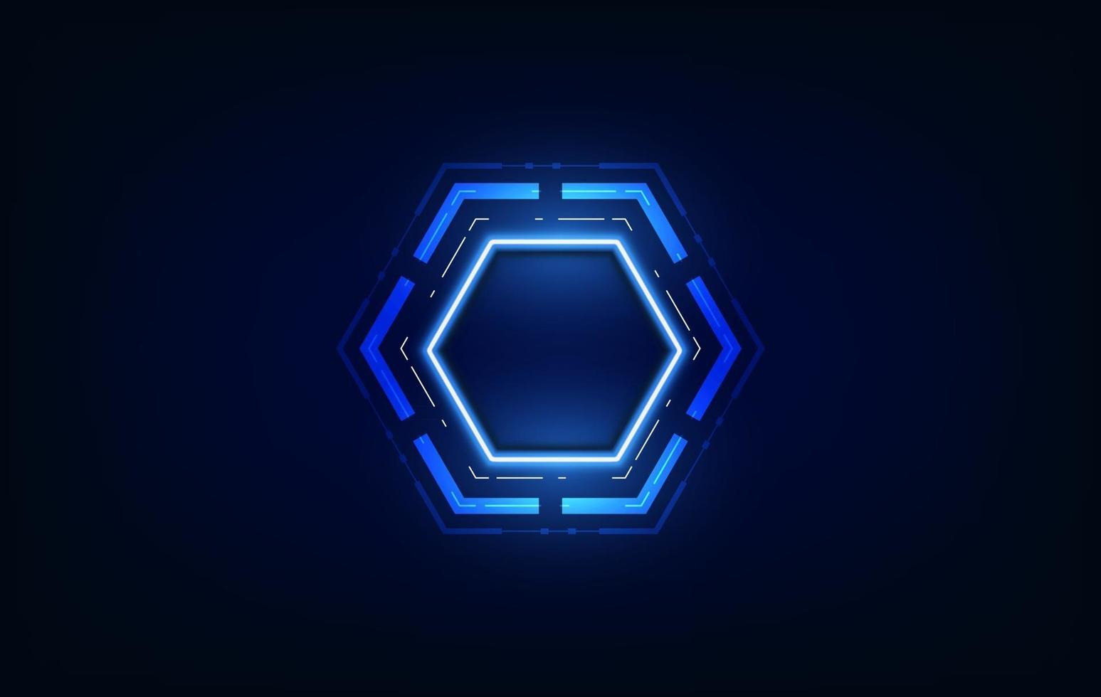 Vector realistic hexagon with neon parts in dark background .Futuristic illustration . Sci fi object , Realistic hexagon , Futuristic glowing HUD hexagonal element .Nano techology