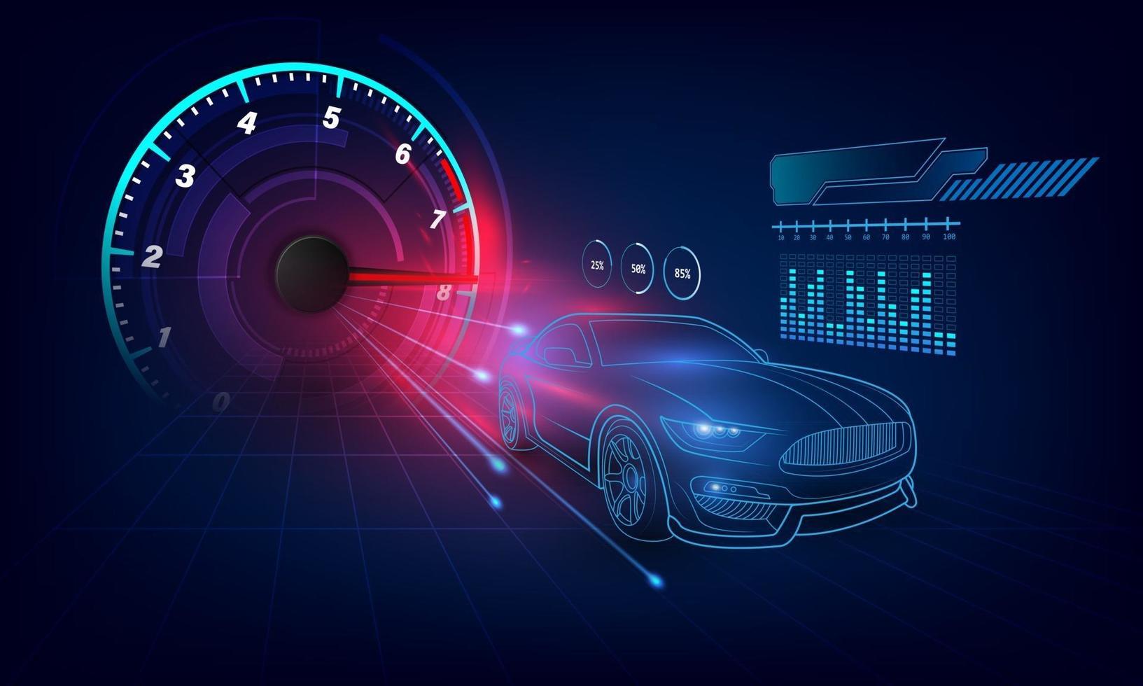 holograma en estilo hud ui. servicio de coche futurista, escaneo y análisis automático de datos, interfaz gráfica virtual. vector illusatration